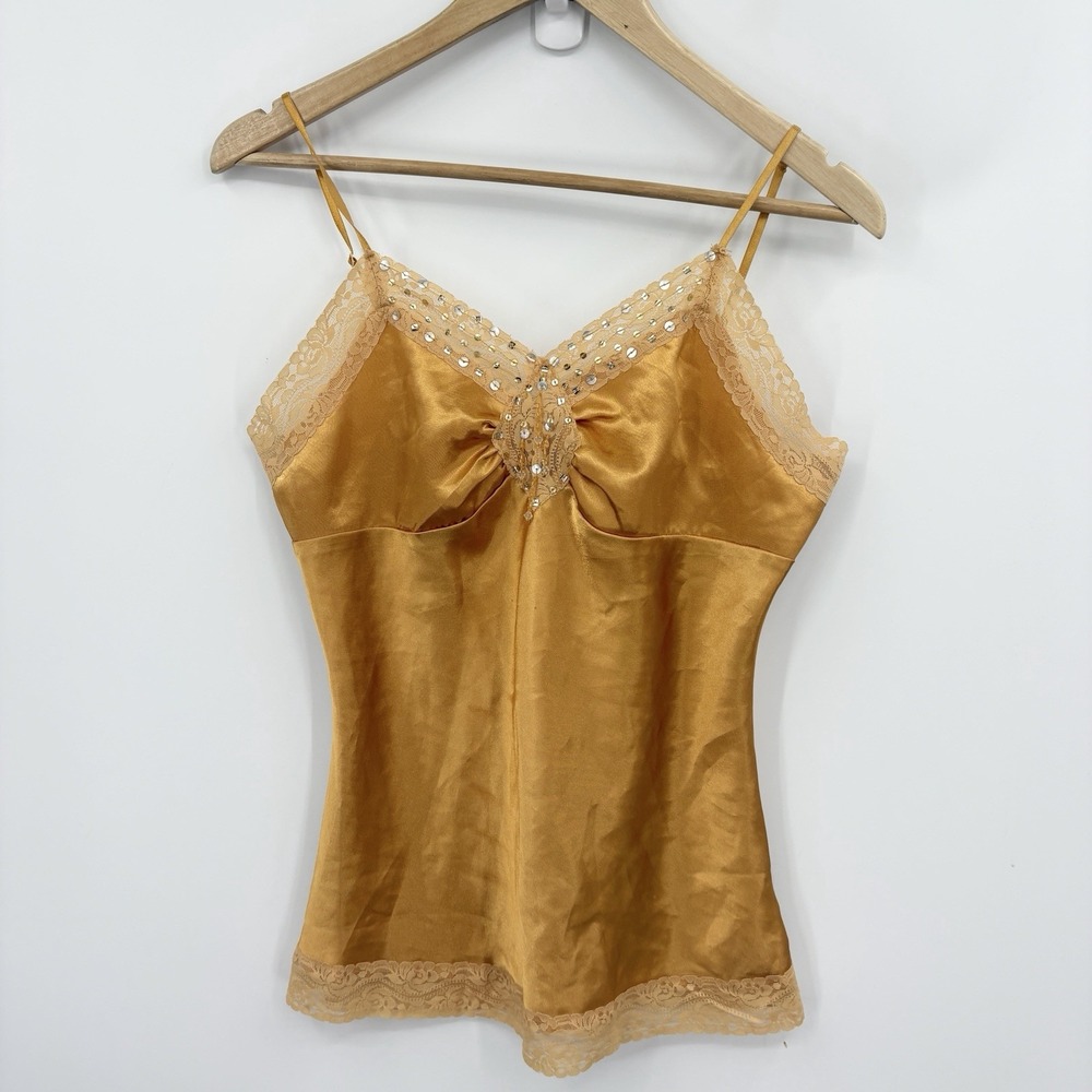 Y2K Babydoll Gold Satin Cami Top Medium Fairy Coquette Indie Lace Tank Beaded